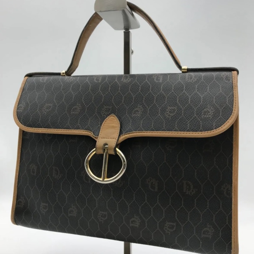 Classic Vintage Top-Handle Women's Bag in Dark Brown with Tan Trim